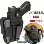 PrecisionX black nylon universal pistol and magazine holster with adjustable retention strap and belt clip.