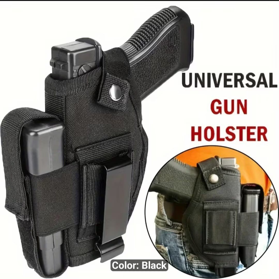 PrecisionX black nylon universal pistol and magazine holster with adjustable retention strap and belt clip.